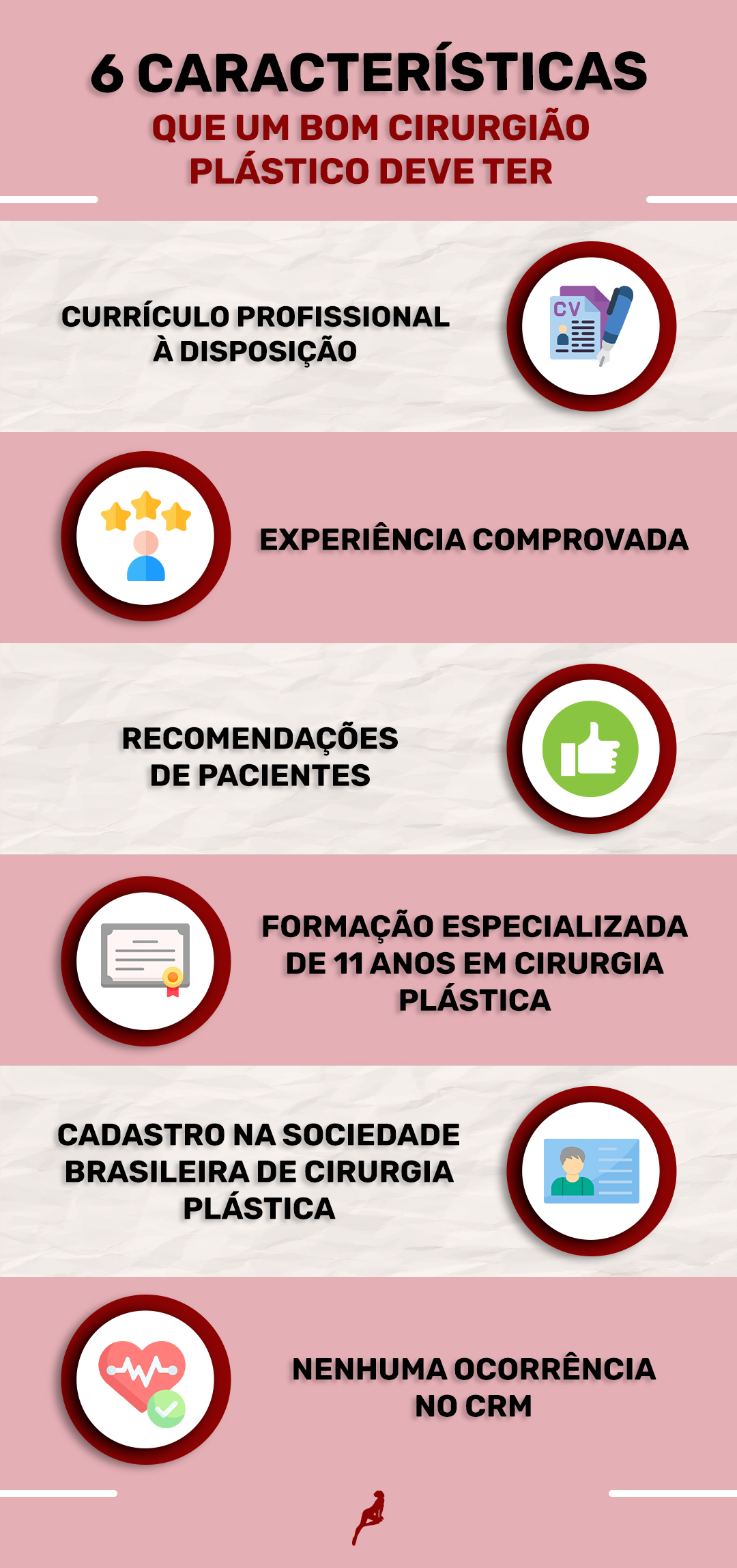 infográfico com características que um cirurgião deve ter, como currículo à disposição, experiência comprovada, recomendações, formação completa, cadastro na sbcp e nenhuma ocorrência no crm