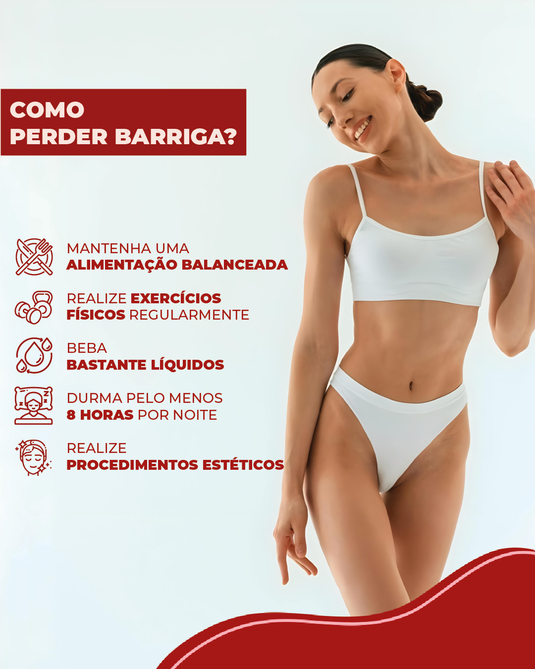 Como perder barriga? Mulher de top e calcinha branca, sorrindo, ao lado opções para perder barriga, como exercícios, alimentação balanceada e procedimentos estéticos