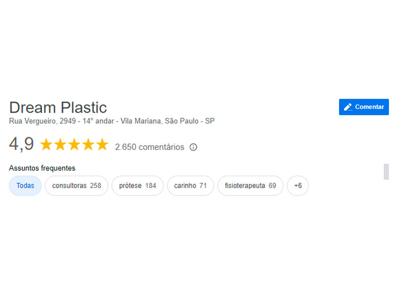 Print do Google Review da clínica de cirurgia plástica em SP Dream Plastic