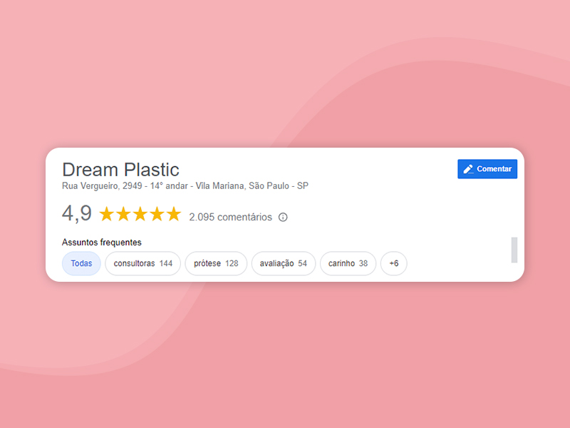 Avaliação 4.9 da Dream Plastic no Google
