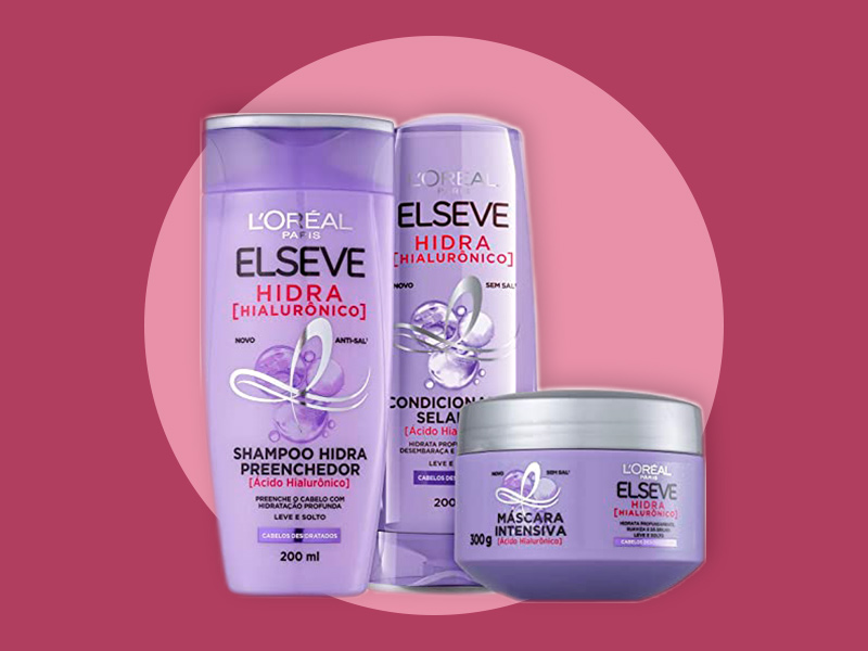 Imagem com a linha de produtos para cabelo Elseve com ácido hialurônico