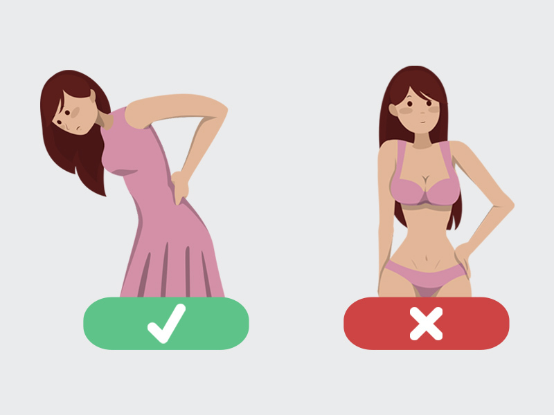 Quais os principais cuidados para depois da abdominoplastia? Ilustração de mulher andando curvada ao lado de uma mulher reta, indicando como deve andar depois da abdominoplastia