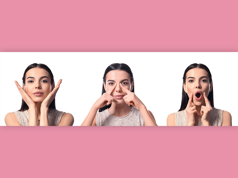 Três imagens da mesma mulher fazendo exercícios faciais para rejuvenescimento