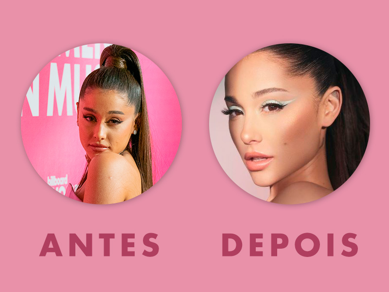 Imagem do antes e depois da Ariana Grande, que supostamente teria feito uma plástica no rosto