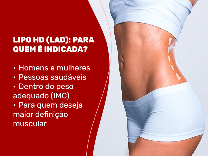 Imagem da barriga de uma mulher com lipoaspiração e os seguintes dizeres: Lipo HD (LAD), para quem é indicada? Homens e mulheres, pessoas saudáveis, dentro do peso adequado (IMC) e para quem deseja maior definição muscular. 