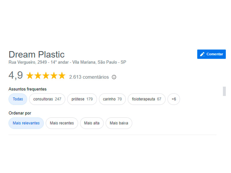 Imagem mostrando a avalição de 4,9 estrelas da clínica Dream Plastic no Google Review