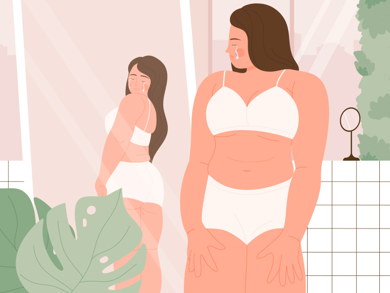 ilustração de uma mulher em um banheiro olhando suas costas no espelho