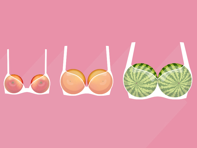 ilustração com frutas representando o tamanho das próteses de silicone