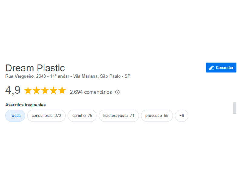 Print do Google Review da clínica de cirurgia plástica Dream Plastic