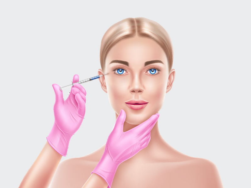 Ilustração de uma mulher aplicando toxina botulínica nos cantos dos olhos