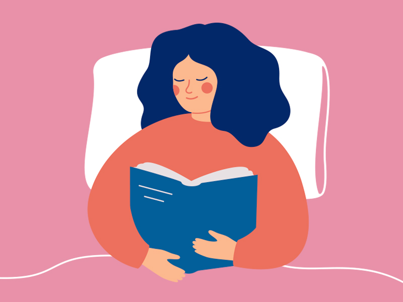 Ilustração de uma mulher de repouso, lendo um livro, no período de recuperação do mini lifting