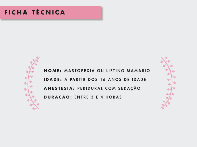 Ficha técnica da cirurgia de mastopexia, que pode ser feita após os 16 anos, a anestesia é peridural com sedação e dura entre 3 e 4 horas