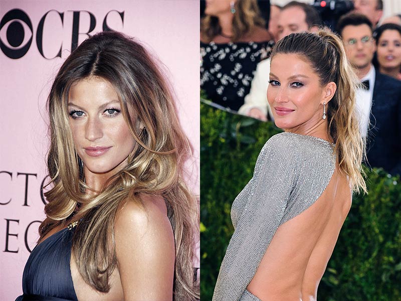 Imagem comparando o antes e depois da aparência da modelo Gisele Bundchen