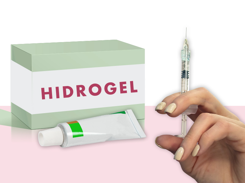 Imagem com três exemplos sobre o que é hidrogel. O produto aparece como pomada, curativo e dentro de uma seringa, já que é uma substância utilizada para diferentes finalidades. 