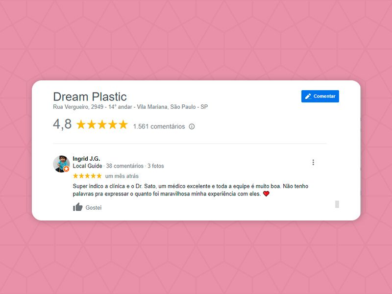 Avaliação positiva de uma das pacientes da Dream Plastic no Google Review