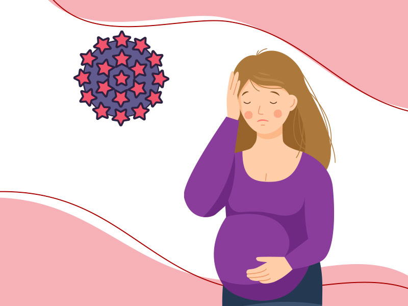 Ilustração de uma mulher grávida e do vírus do HPV ao lado