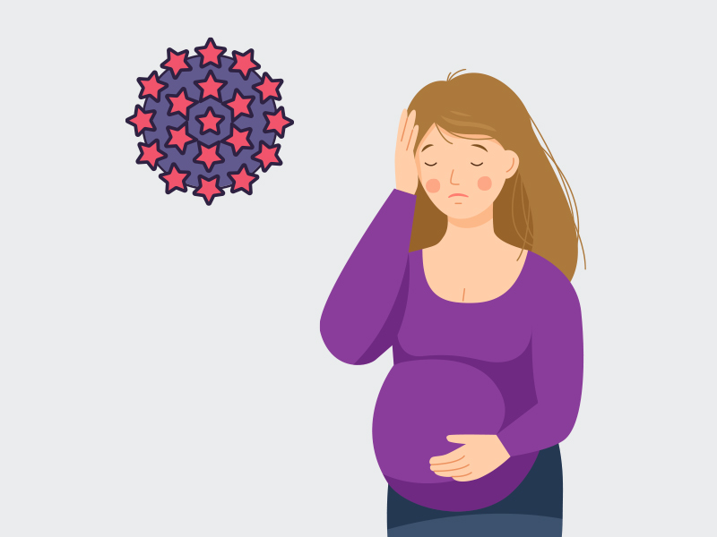 Ilustração de uma mulher grávida e do vírus do HPV ao lado