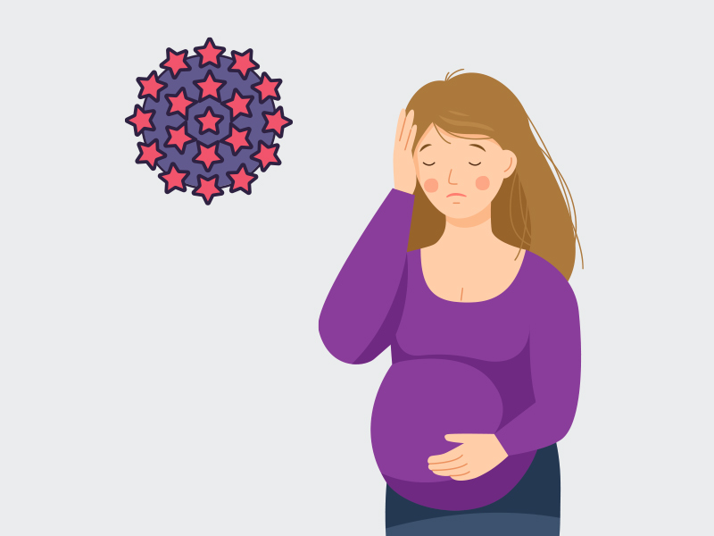 Quais as consequências do HPV na gravidez? Ilustração de uma mulher grávida e do vírus do HPV ao lado
