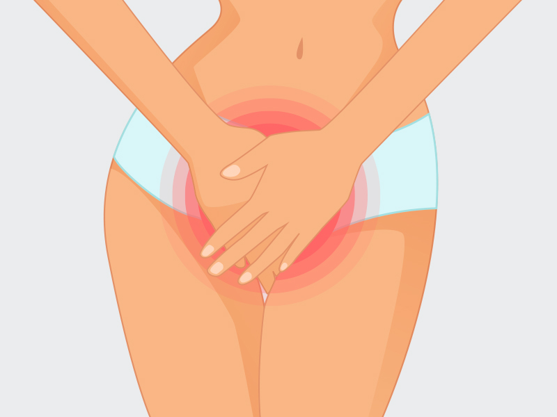Ilustração de mulher com as mãos e pernas cruzadas na região da virilha e uma área vermelha para indicar dor causada por cisto sebáceo na virilha