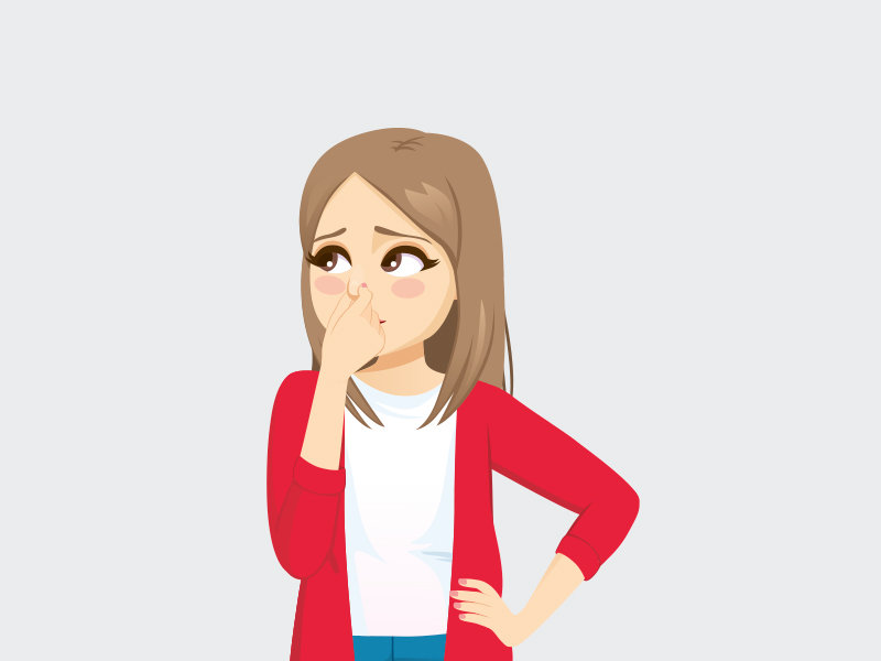 Ilustração de menina de camiseta branca e cardigã vermelho tampando o nariz com a mão por causa do cheiro ruim do cisto sebáceo
