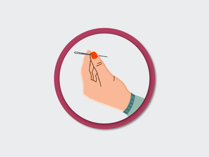 lustração de uma mão com unhas vermelhas segurando uma agulha
