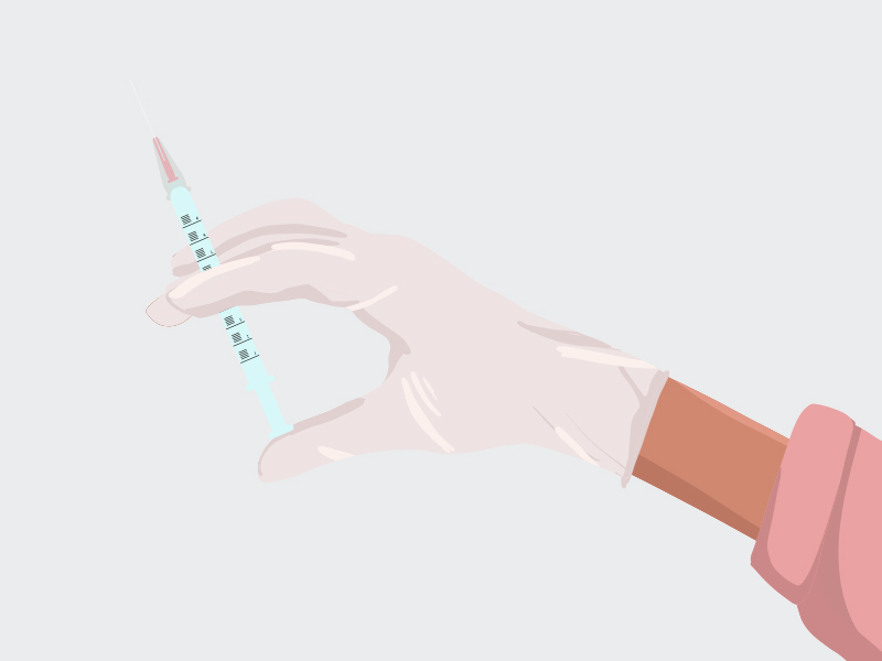 Ilustração de uma mão com luva e manga longa rosa segurando uma injeção de corticoide