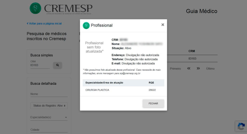 resultado da busca pelo cirurgião no site do cremesp
