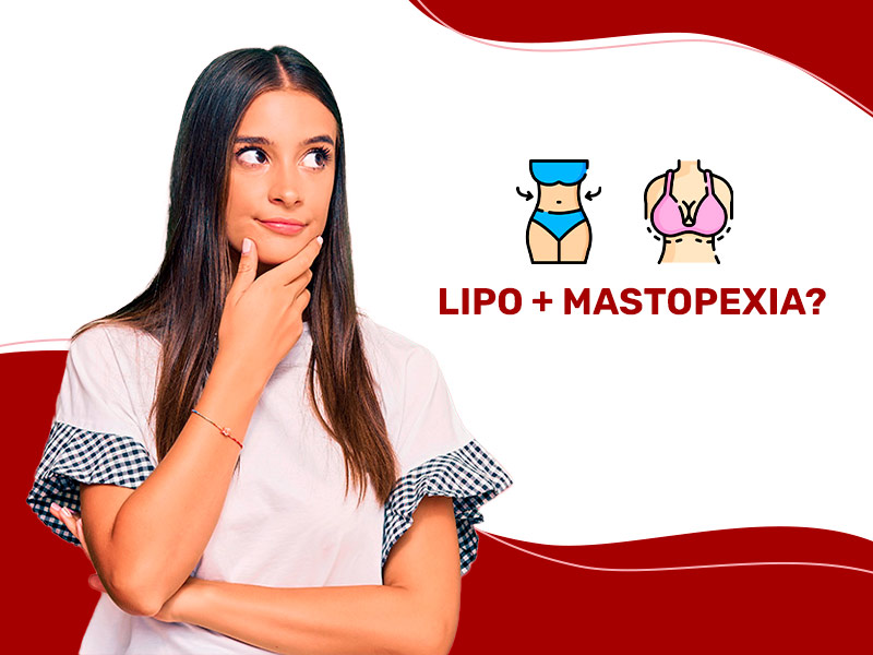 Mulher com a mão direita no queixo, pensando se faz uma cirurgia combinada de lipo com mastopexia