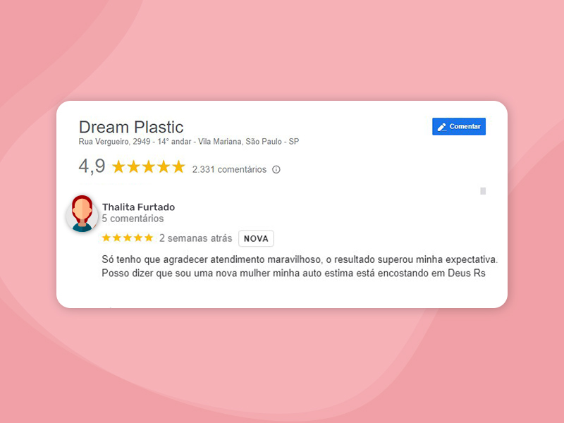 Imagem retirada do Google, com o número de avaliações feitas à Dream Plastic. Ao todo, 2.331 usuários escreveram uma avaliação sobre a clínica de cirurgia plástica no Google Review.