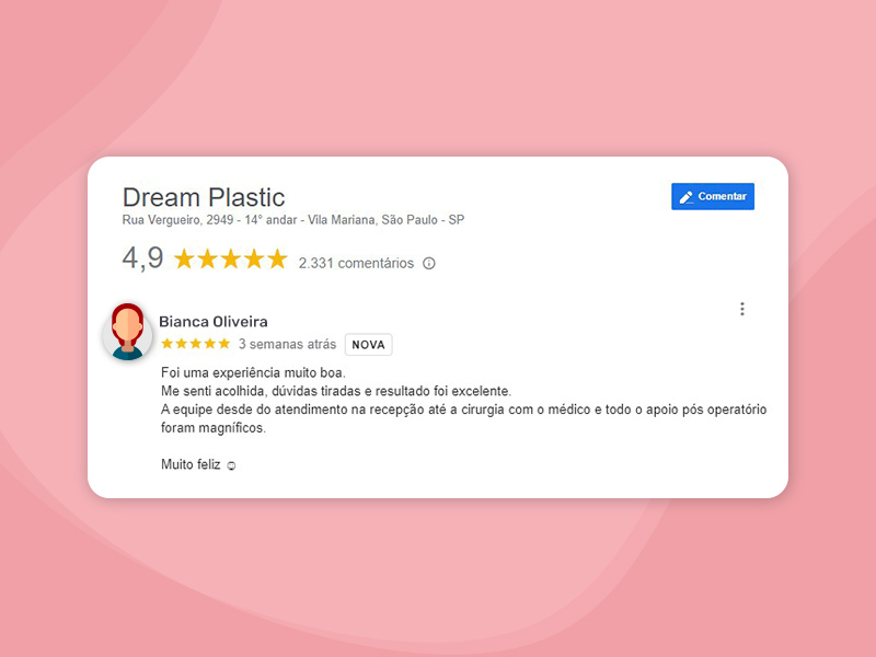 Print do Google review com a recomendação de uma paciente