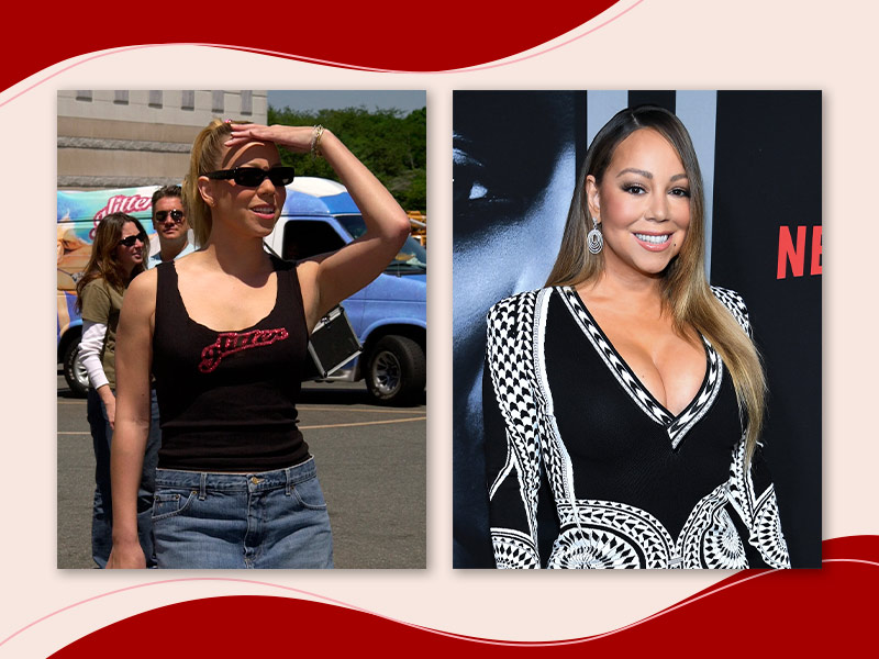 Foto lado a lado do antes e depois da cantora Mariah Carey, onde ela aparece com seios maiores e mais marcados na segunda imagem