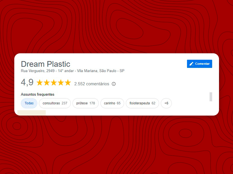 Imagem mostrando a avalição de 4,9 estrelas da clínica Dream Plastic no Google Review