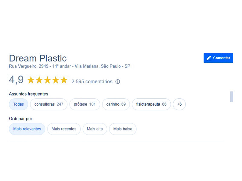 Imagem mostrando a avalição de 4,9 estrelas da clínica Dream Plastic no Google Review