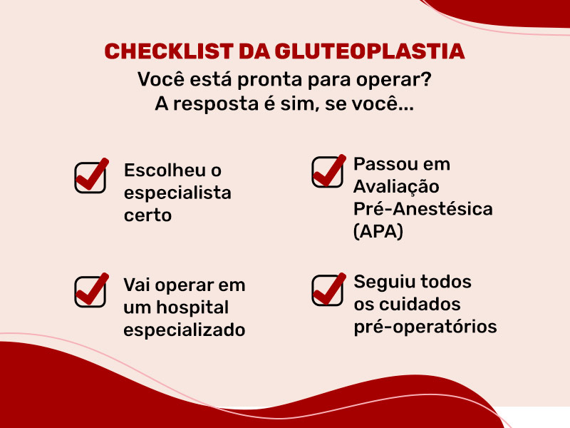 Imagem com fundo colorido e os seguintes dizeres em formato de checklist: Você está pronta para operar? A resposta é sim, se você... Escolheu o especialista certo; Vai operar em um hospital especializado; Passou em Avaliação Pré-Anestésica; Seguiu todos os cuidados pré-operatórios