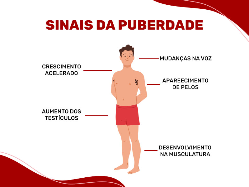 Ilustração que mostra as mudanças que ocorrem durante a puberdade, como o aparecimento de pelos e a mudança na voz