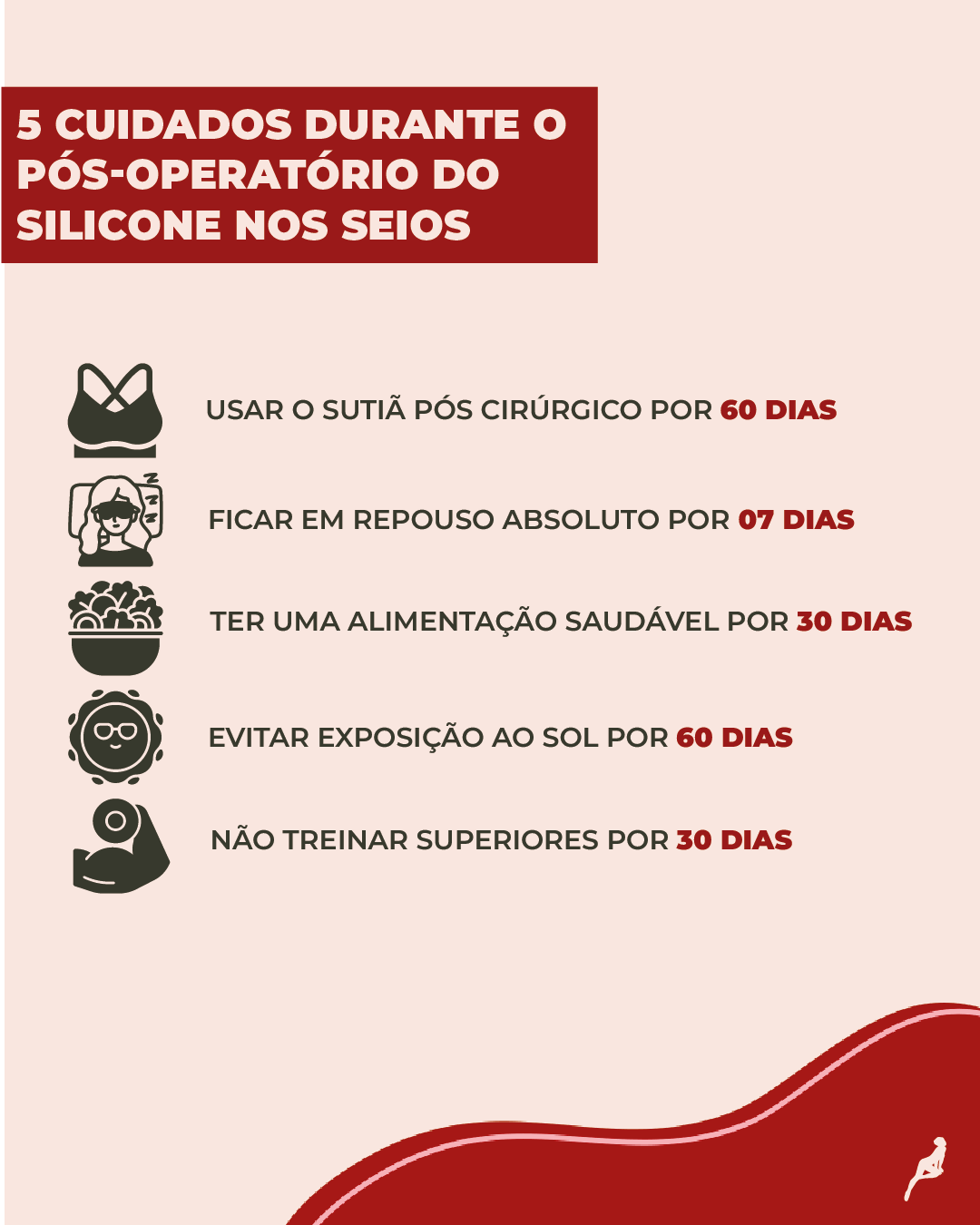 Como é a recuperação da cirurgia de prótese de silicone? Ilustração que mostra os 5 cuidados durante o pós-operatório do silicone nos seios, como usar o sutiã pós-cirúrgico, ficar em repouso e evitar a exposição ao sol