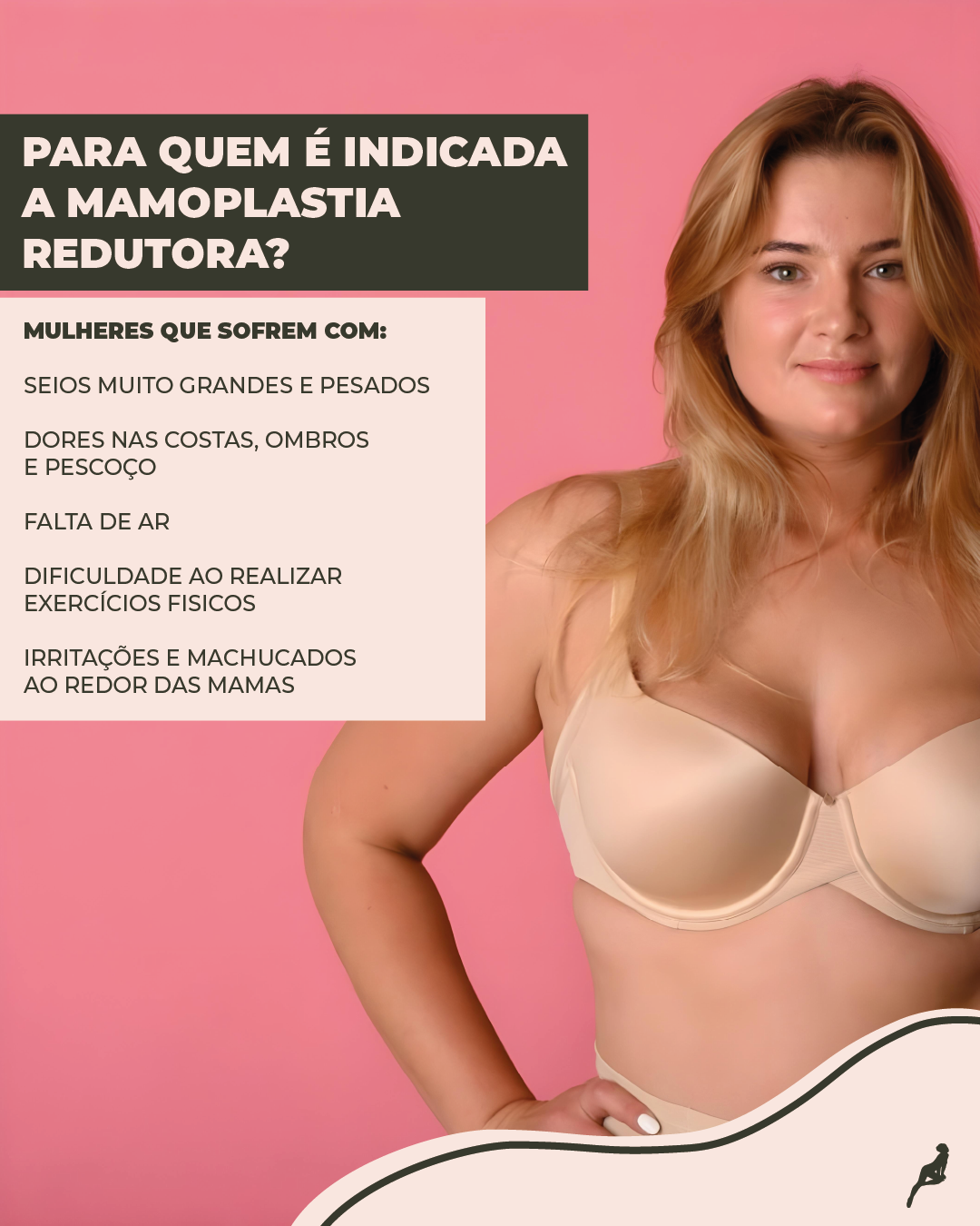 O que é mamoplastia redutora? Mulher com um pequeno sorriso, escrito para quem é indicado a mamoplastia redutora