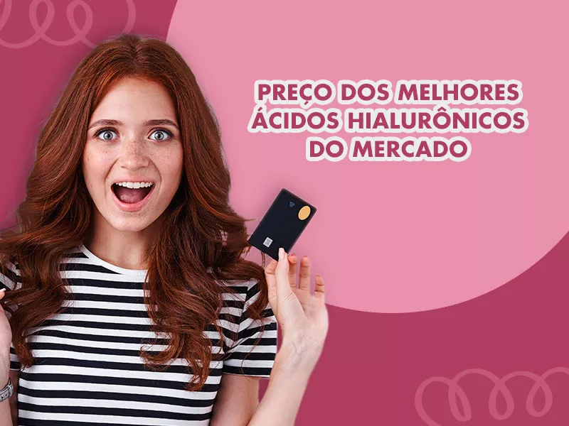 Quanto custa o sérum com ácido hialurônico? Banner com fundo rosa, uma mulher no lado esquerdo segurando um cartão de crédito, com a seguinte frase: Preço dos melhores ácidos hialurônicos do mercado.