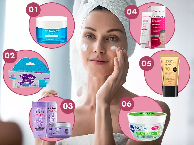 Produtos com ácido hialurônico que viraram tendência Imagem com seis produtos com ácido hialurônico que são tendência